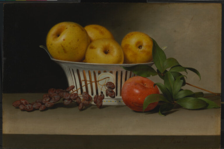 Still Life with Raisins, Yellow and Red Apples in Porcelain Basket