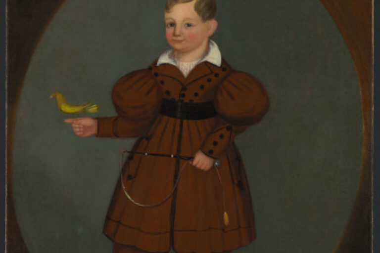BOY IN BROWN JACKET WITH WHIP AND YELLOW BIRD