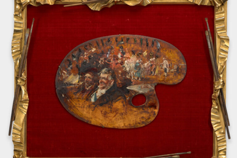 ARTIST'S PALETTE (DEDICATED TO GEORGE LUCAS AND SAMUEL P. AVERY WITH PORTRAITS OF TWO MEN, NAPOLEON, AND A GROUP OF 18TH CENTURY FIGURES)