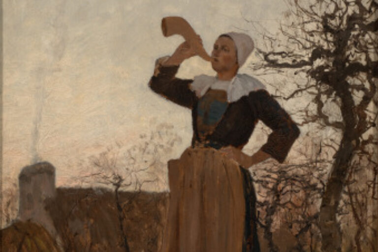BRETON WOMAN BLOWING THE DINNER HORN