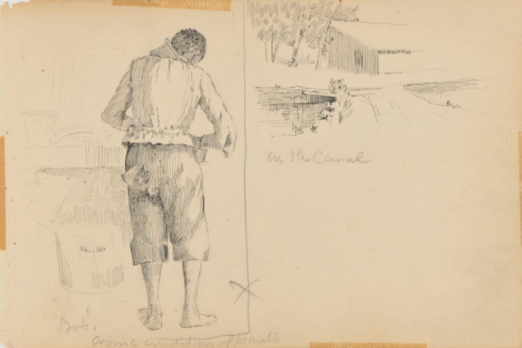 Sketch from a Camping Trip on the Lower Susquehanna in 1887 (right: full length study of a young man, back view, standing; left: building, 4 trees, and bridge over canal). Inscribed: ‘Bob, comic condition of pants/on the Canal’