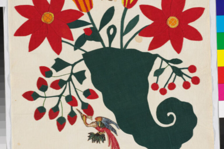 CORNUCOPIA WITH CHINTZ APPLIQUÉ BIRDS AND BUTTERFLIES