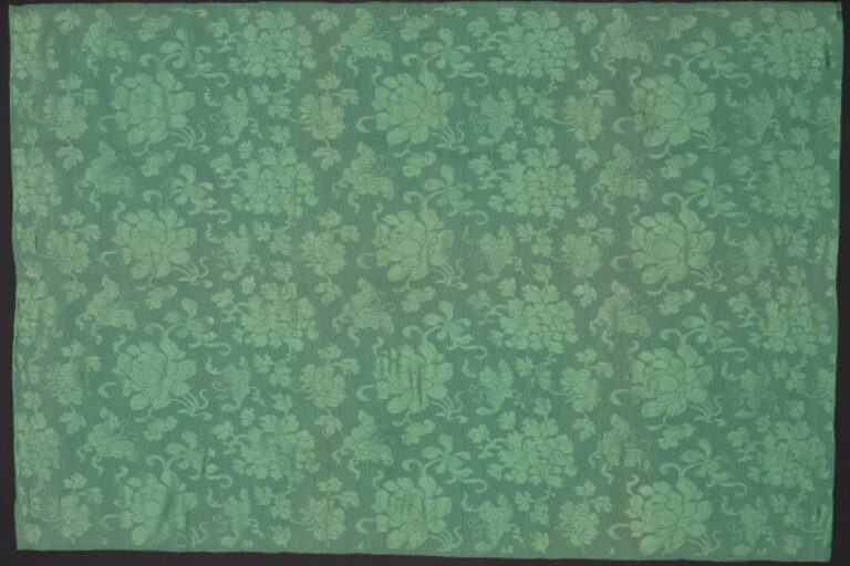 Green Damask Panel with Flowers and Butterflies