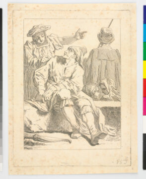 Man Seated on a Ledge, with a Figure Pointing to the Right