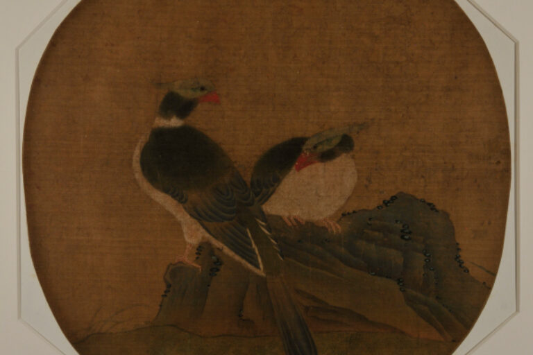 Northen Song Style Fan-shaped Painting of Two Birds Sitting on a Rock