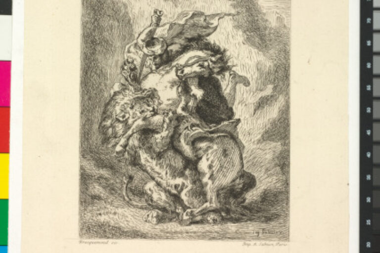 CAVALIER ARABE ATTAQUÉ PAR UN LION