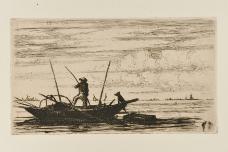 FISHERMAN IN A BOAT WITH HIS DOG