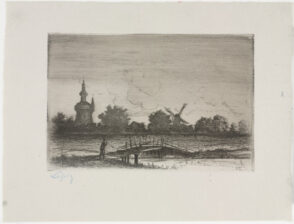 Landscape with bridge in foreground and windmills in background