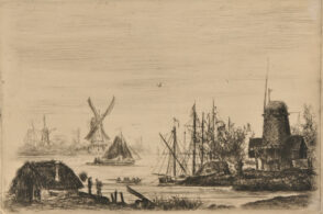 Rivière avec barques, moulins et bois