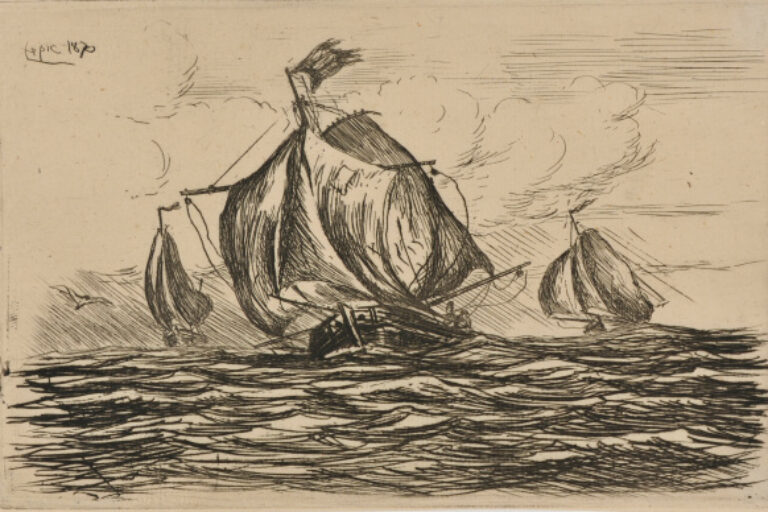THREE SAILBOATS HEADING INTO THE WIND