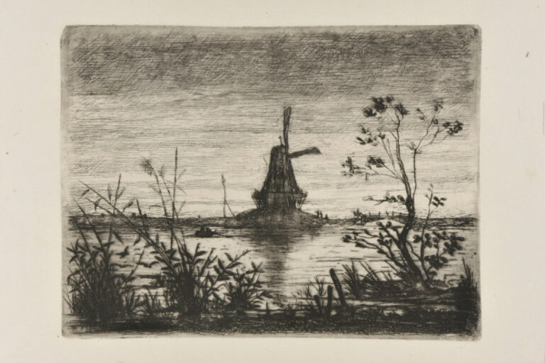POND WITH WINDMILL, SMALL TREE ON THE RIGHT