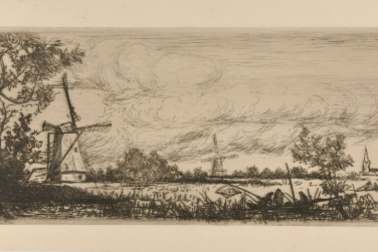 SHADY RIVERBANK WITH TWO WINDMILLS AND A STEEPLE ON THE RIGHT