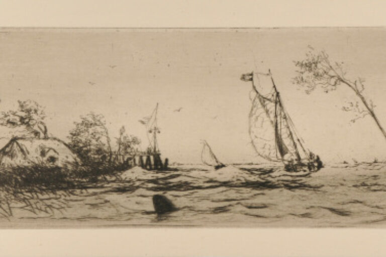RIVER WITH SHIP AND SEMAPHORE, BUOY FLOATING IN THE FOREGROUND