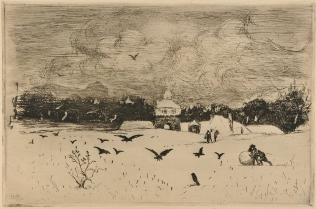 Paysage de neige aux corbeaux, deux personnages roulent une boule de neige