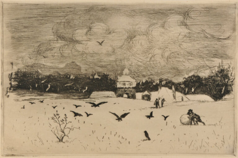 SNOWY LANDSCAPE WITH RAVENS, TWO PEOPLE ROLLING A SNOWBALL