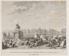 Les bustes de Mrs. d’Orléans et Necker portés à la Place Louis XV le 12 Juillet 1789