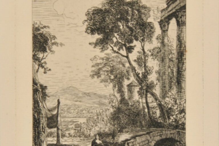 WOMAN SEATED AT A BRIDGE IN RUINS