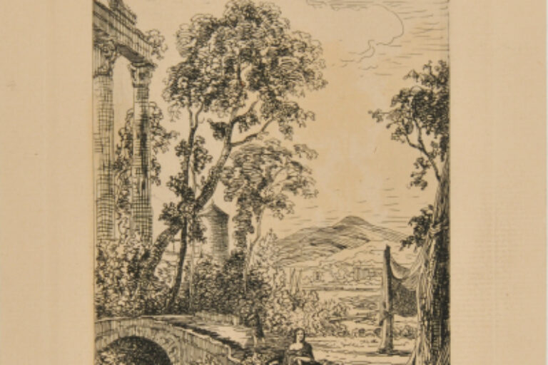 WOMAN SEATED AT A BRIDGE IN RUINS