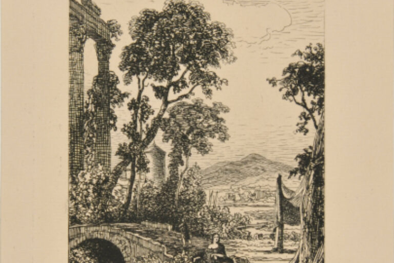 WOMAN SEATED AT A BRIDGE IN RUINS