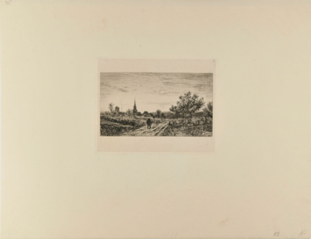 Paysage, avec un homme sur un chemin, au crépuscule