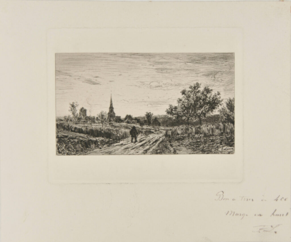 Paysage, avec un homme sur un chemin, au crépuscule