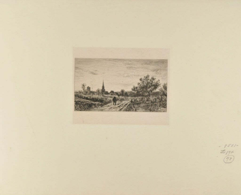 Paysage, avec un homme sur un chemin, au crépuscule