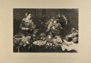 Woman at Table Covered with Fruit