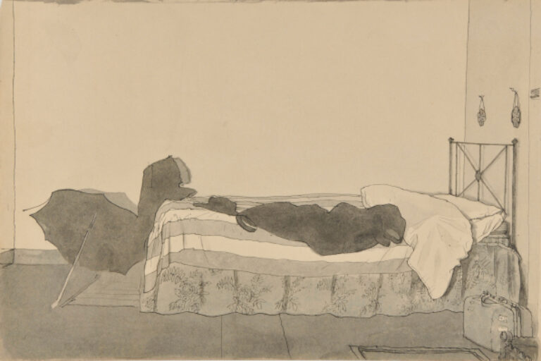 INTERIOR WITH BED AND SUITCASE