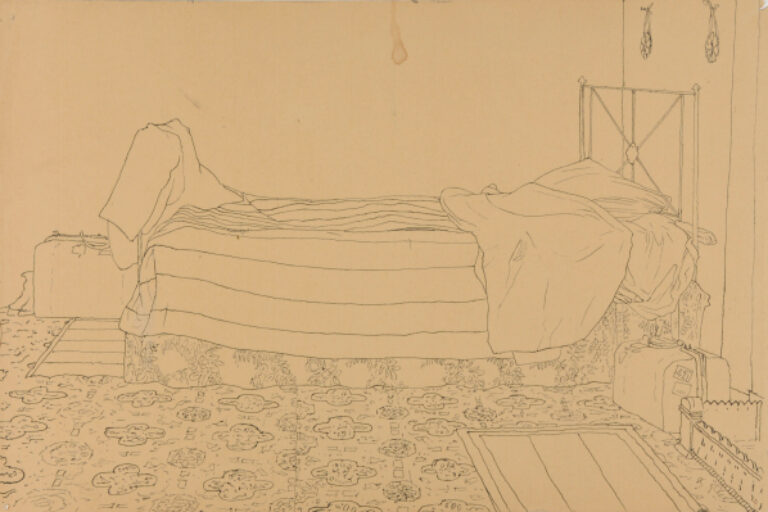 INTERIOR WITH BED AND SUITCASE