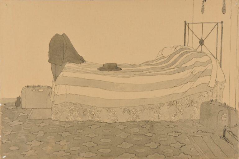 INTERIOR WITH BED AND SUITCASE