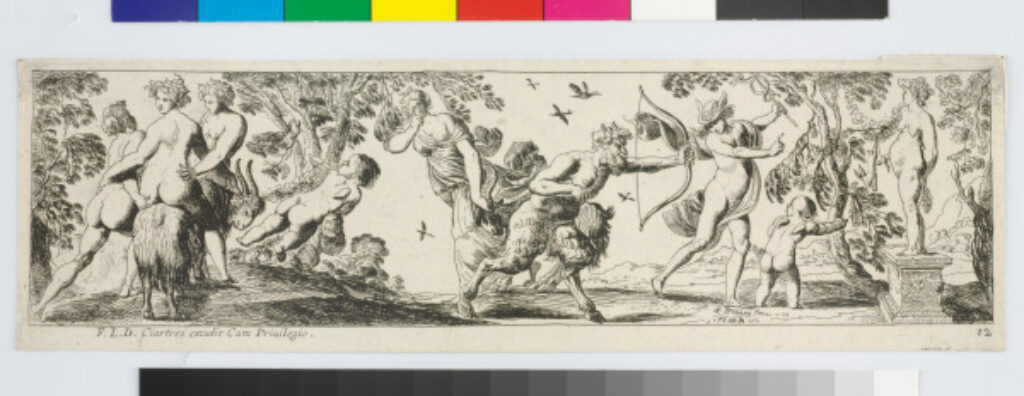 Satyr Shooting Arrows at Statue, Mercury in Background