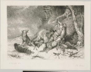 Horse and Rider Attacked by Wolves in a Snowstorm