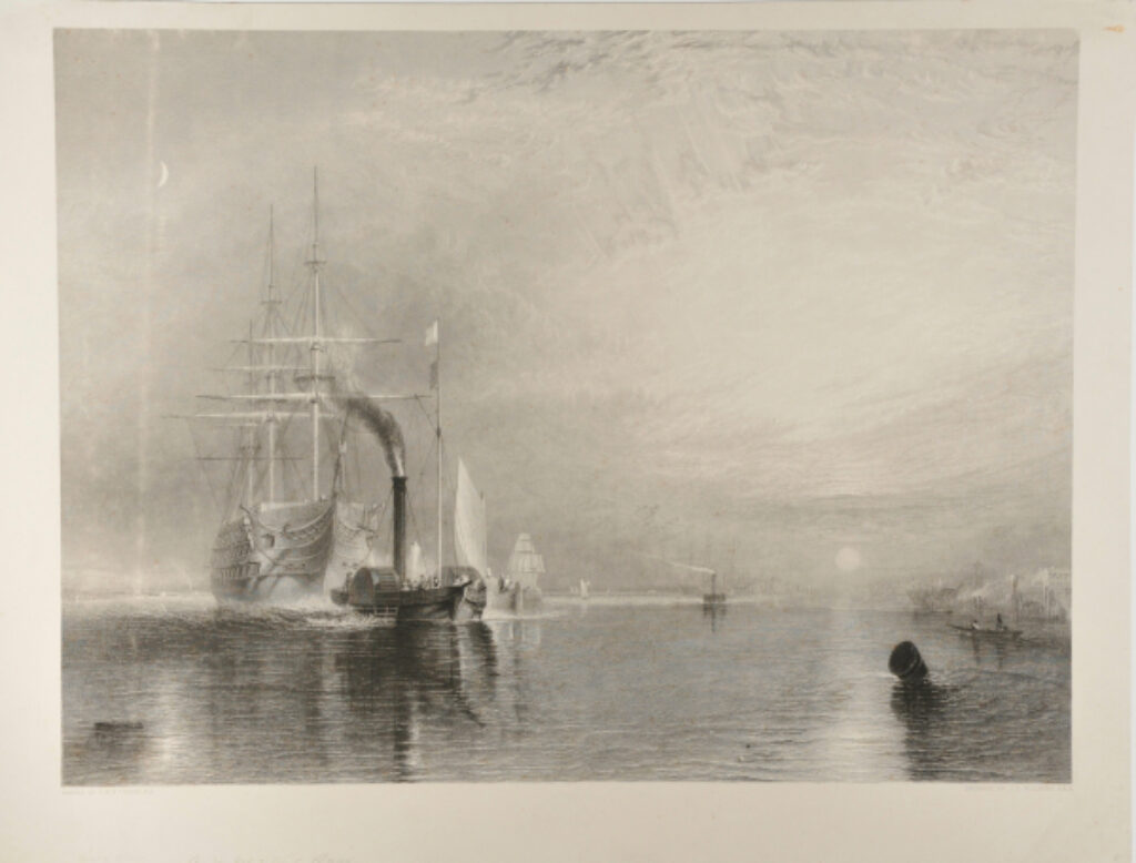 Ships on a river, with sun and moon