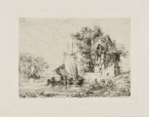 Sailboats by a single cottage