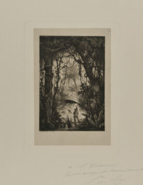 Man Carrying a Woman Over a River in a Jungle.