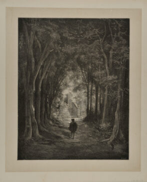 Boy Approaching a Stairway in an Alley of Trees
