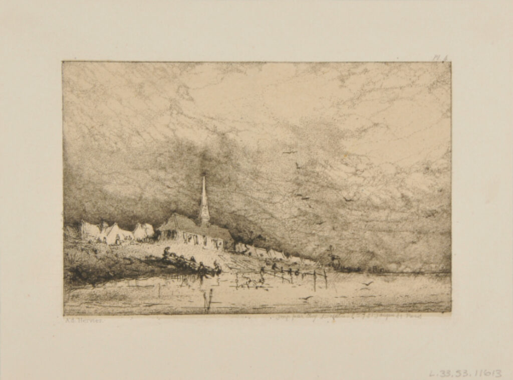 Village avec église au bord de la mer