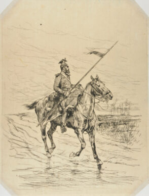 Chasseur à cheval, de profil