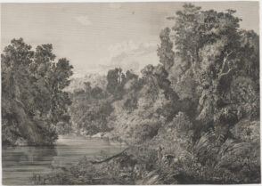 Landscape with Fishing Boat on River, Men Hunting in Woods