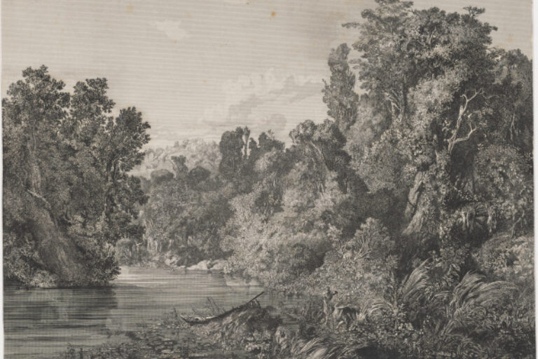 LANDSCAPE WITH FISHING BOAT ON RIVER, MEN HUNTING IN WOODS