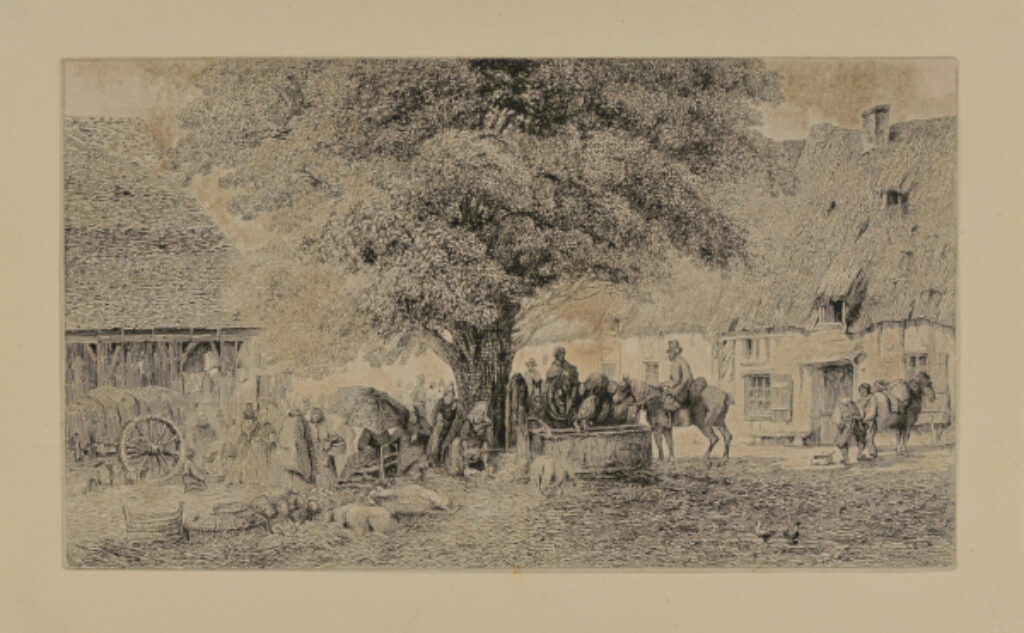 Village square with watering trough and market under a large tree