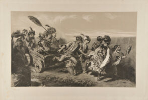 Child with tambourine and turbaned boys pulling a cart with a girl being fanned