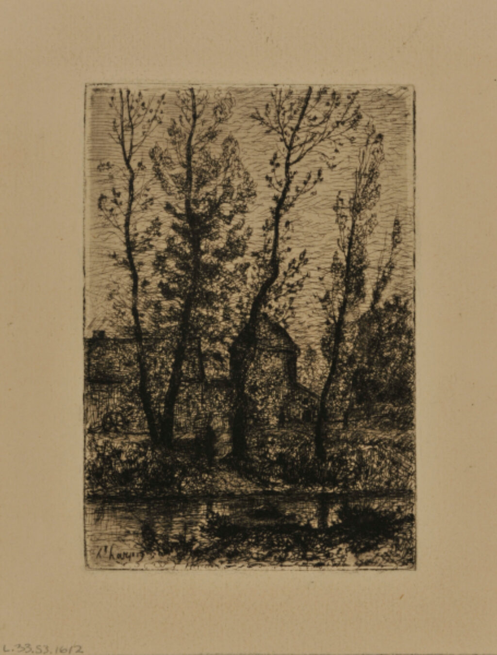 Landscape: Trees beside a River with Turreted Building in the Background