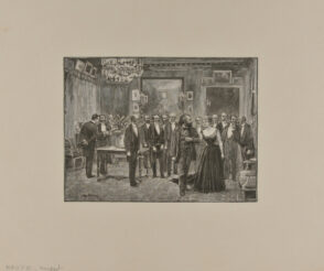 (Interior – lady on the arm of a man in a salon with a crowd of men looking on)