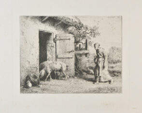 Femme faisant rentrer des porcs dans une porcherie