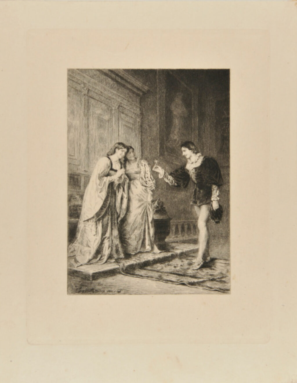 Man Offering a Flower to Two Young Women