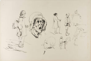 Sheet of sketches: boy with knapsack; old woman with open mouth; bird; etc.