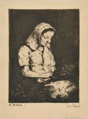 Young woman with head bent, seen from the right