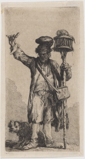 The rat-catcher from the front with a dog