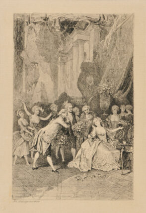 Illustration for Manon Lescaut: Woman, seated, receiving flowers from men